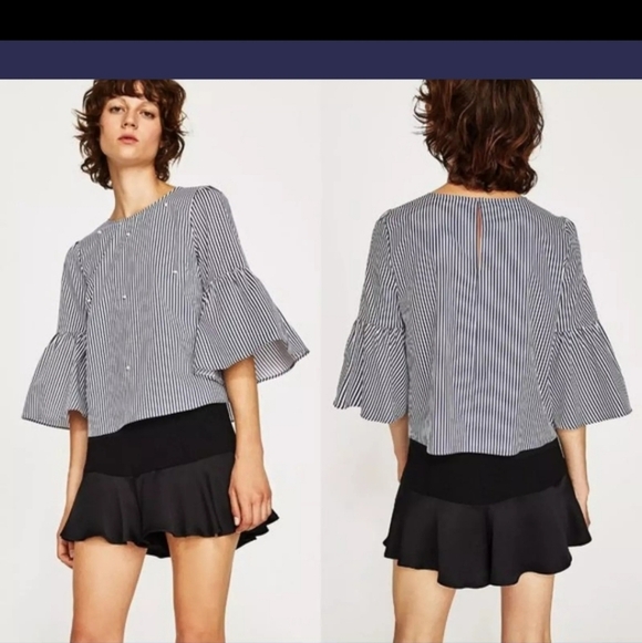 Zara blue striped Cropped top with pearls On Front - Picture 4 of 8